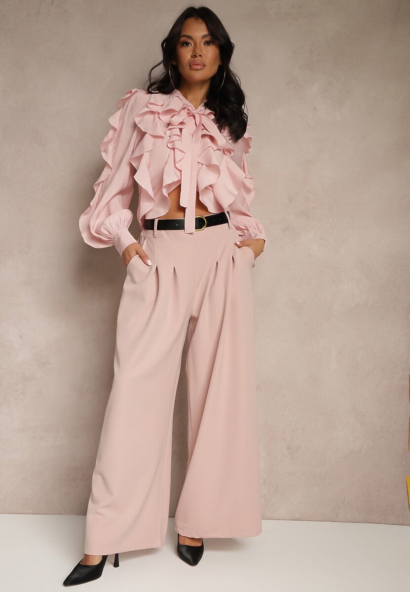 Różowe Eleganckie Szerokie Spodnie Garniturowe z Wiskozą Ozdobione Paskiem Ravinae