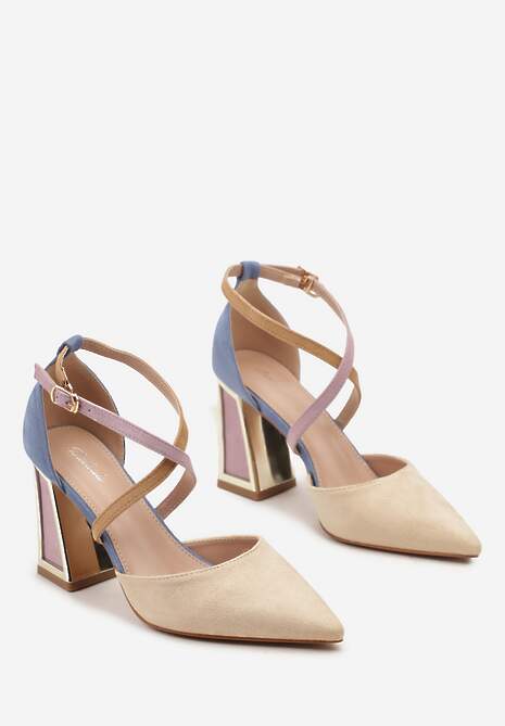 Beżowe Czółenka na Obcasie w Kształcie Stożka z Metalowym Obramowaniem Haslia