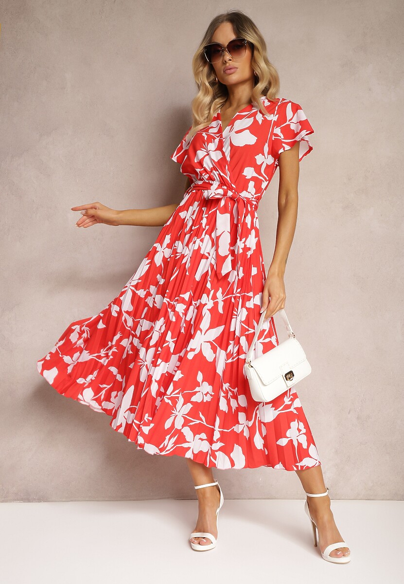 Czerwona Sukienka z Kopertowym Dekoltem Plisowanym Dołem Wykończona w Talii Paskiem i Gumką Elsavia