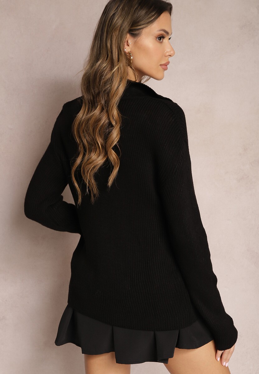 Czarny Sweter z Dekoltem w Serek i Kołnierzykiem Benioza