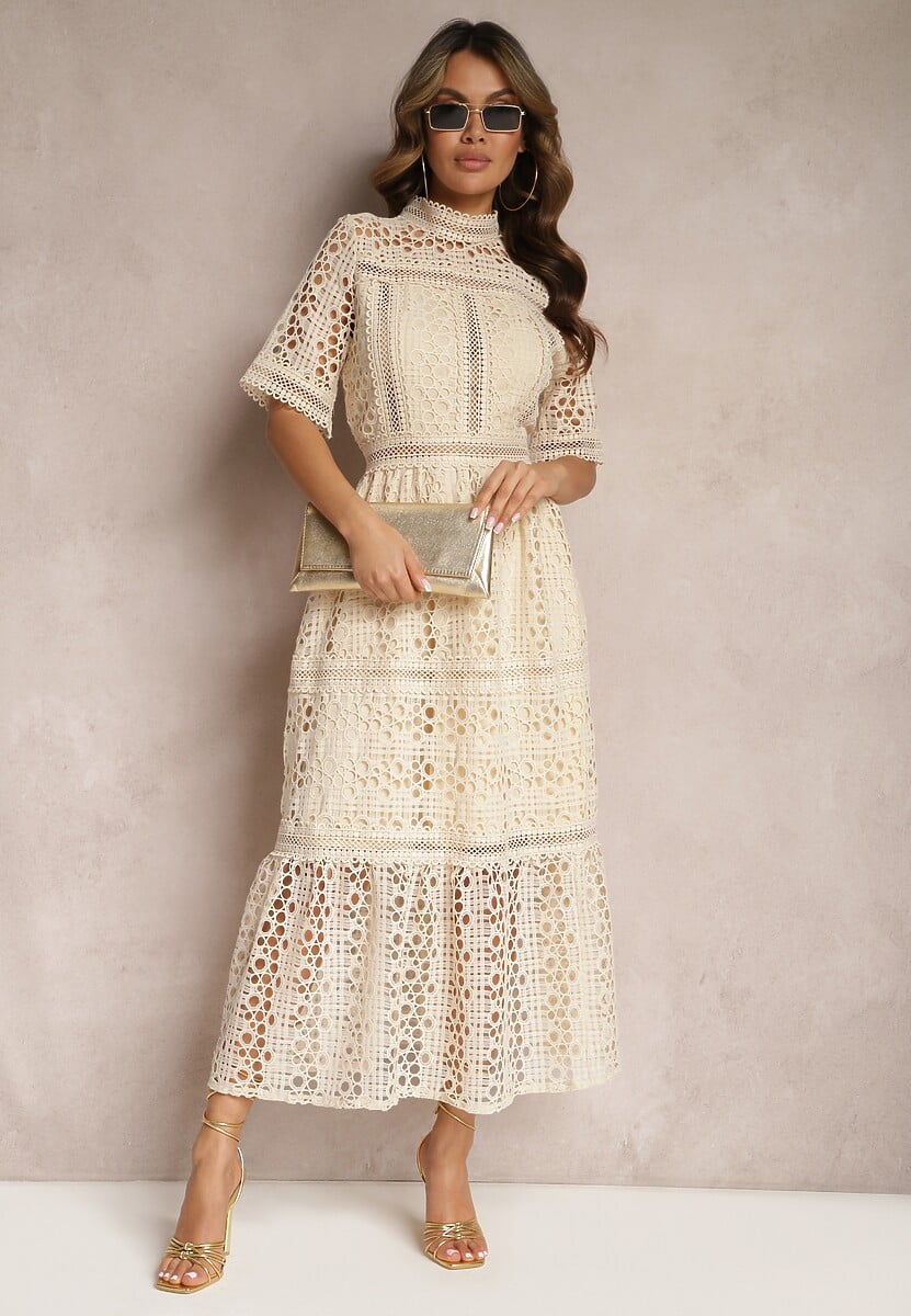 Beżowa Rozkloszowana Sukienka Maxi Ażurowa z Falbanką Ranilette