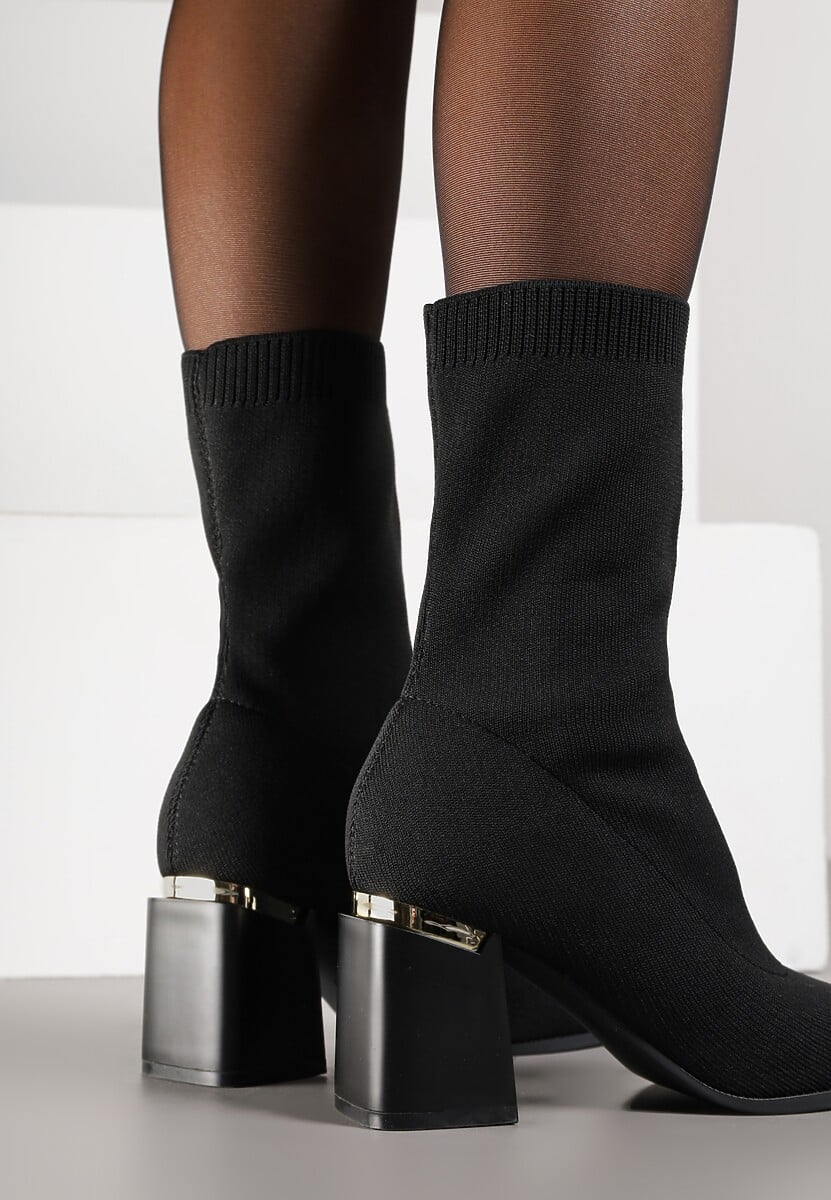 Czarne Skarpetkowe Botki VICES na Słupkowym Obcasie z Metaliczną Wstawką Anivita