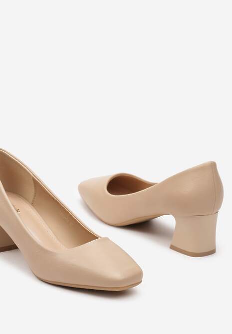 Beżowe Casualowe Czółenka na Słupku z Kwadratowym Noskiem Brannessa