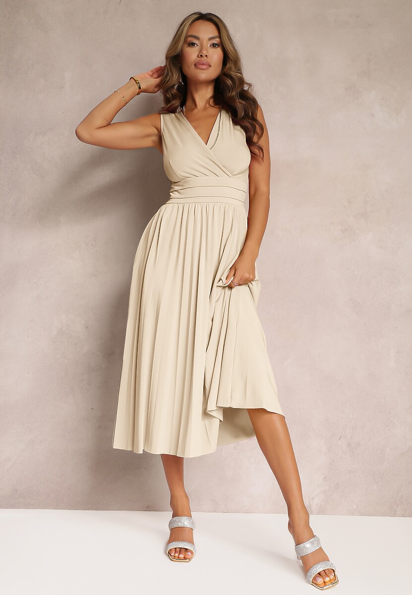 Beżowa Sukienka z Kopertowym Dekoltem i Plisowanym Dołem Anamarie