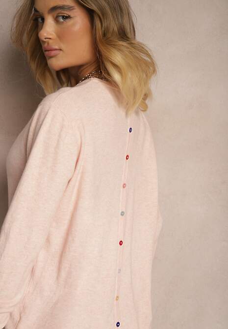 Jasnoróżowy Sweter z Kaszmirem Ozdobiony Kieszeniami Saniswena