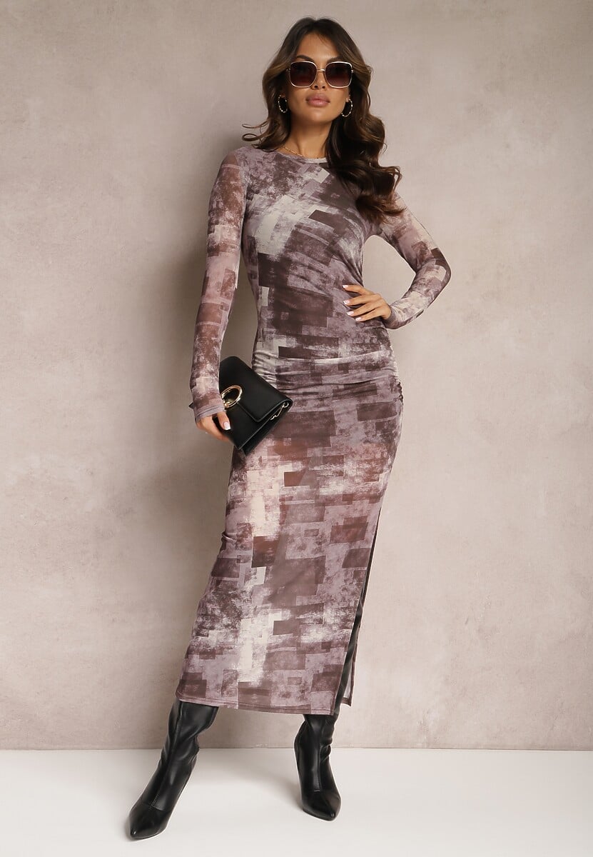 Brązowa Dopasowana Sukienka Maxi z Wycięciem Marperra