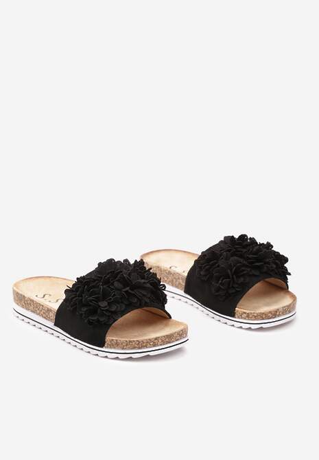 Czarne Klapki z Ekozamszu z Kwiatowym Zdobieniem Masenella