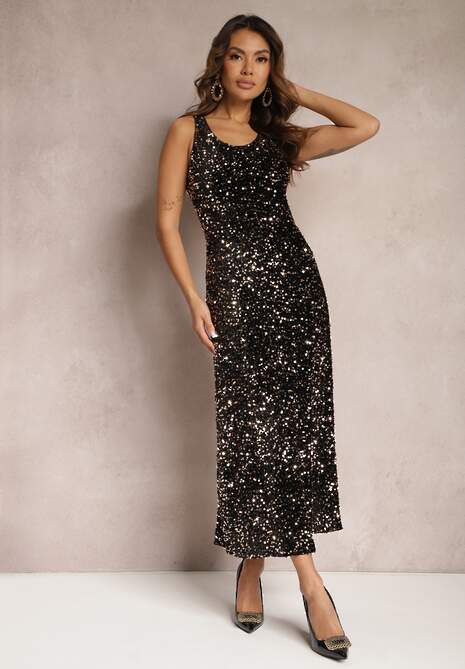 Brązowa Sukienka Maxi na Ramiączkach w Cekiny Misona