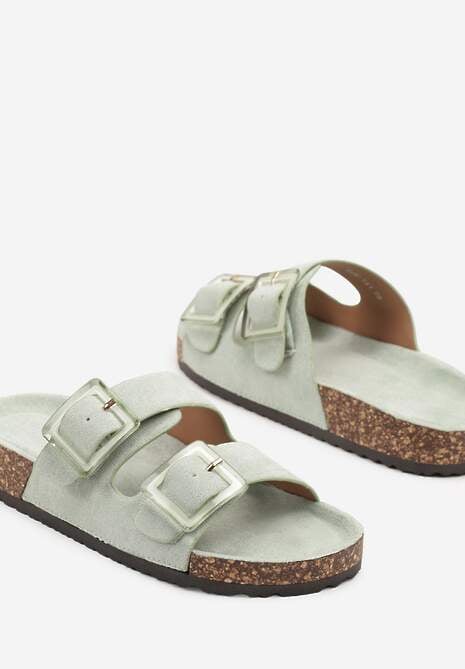 Jasnozielone Klapki na Korkowej Platformie z Klamrami Teloniel