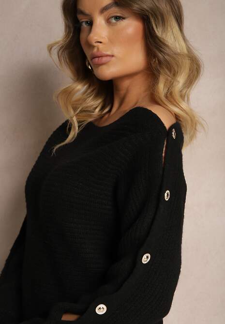 Czarny Elegancki Sweter z Dekoltem w Łódkę Zdobiony Guzikami i Wycięciami na Rękawach Dorida
