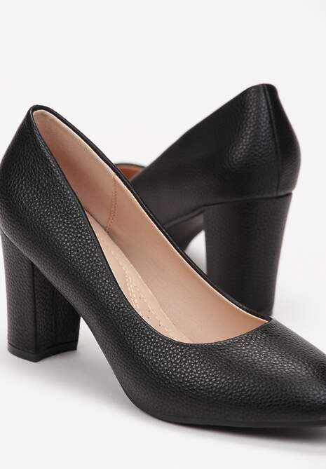 Czarne Czółenka z Okrągłym Noskiem na Słupku z Imitacji Skóry Wilnia