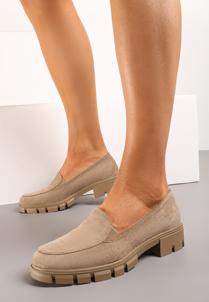 Ciemnobeżowe Mokasyny ze Skórzaną Wkładką i Grubą Ozdobną Podeszwą Viole