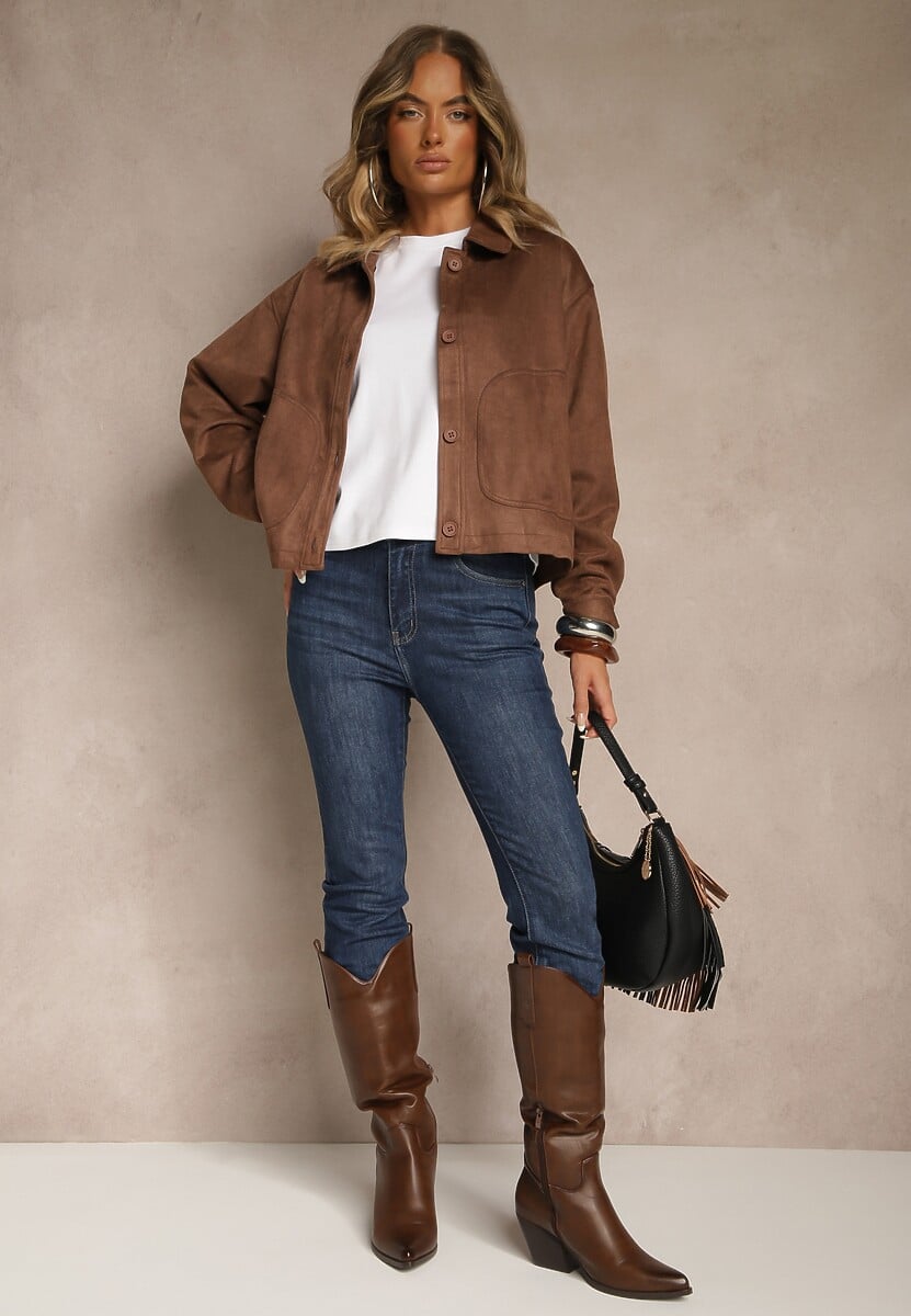 Brązowa Kurtka z Imitacji Zamszu o Koszulowym Kroju Aronelle