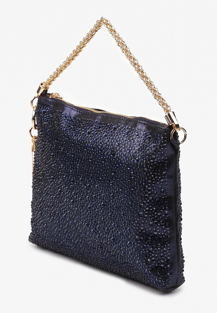 Niebieska Torebka z Materiału Ozdobionego Cyrkoniami i z Rączką z Frędzlami Korella