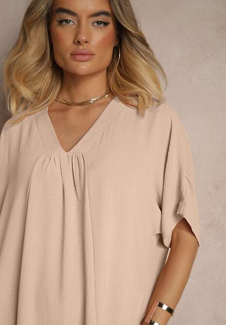 Beżowa Pudełkowa Sukienka z Bawełną i Marszczeniem Teleriela