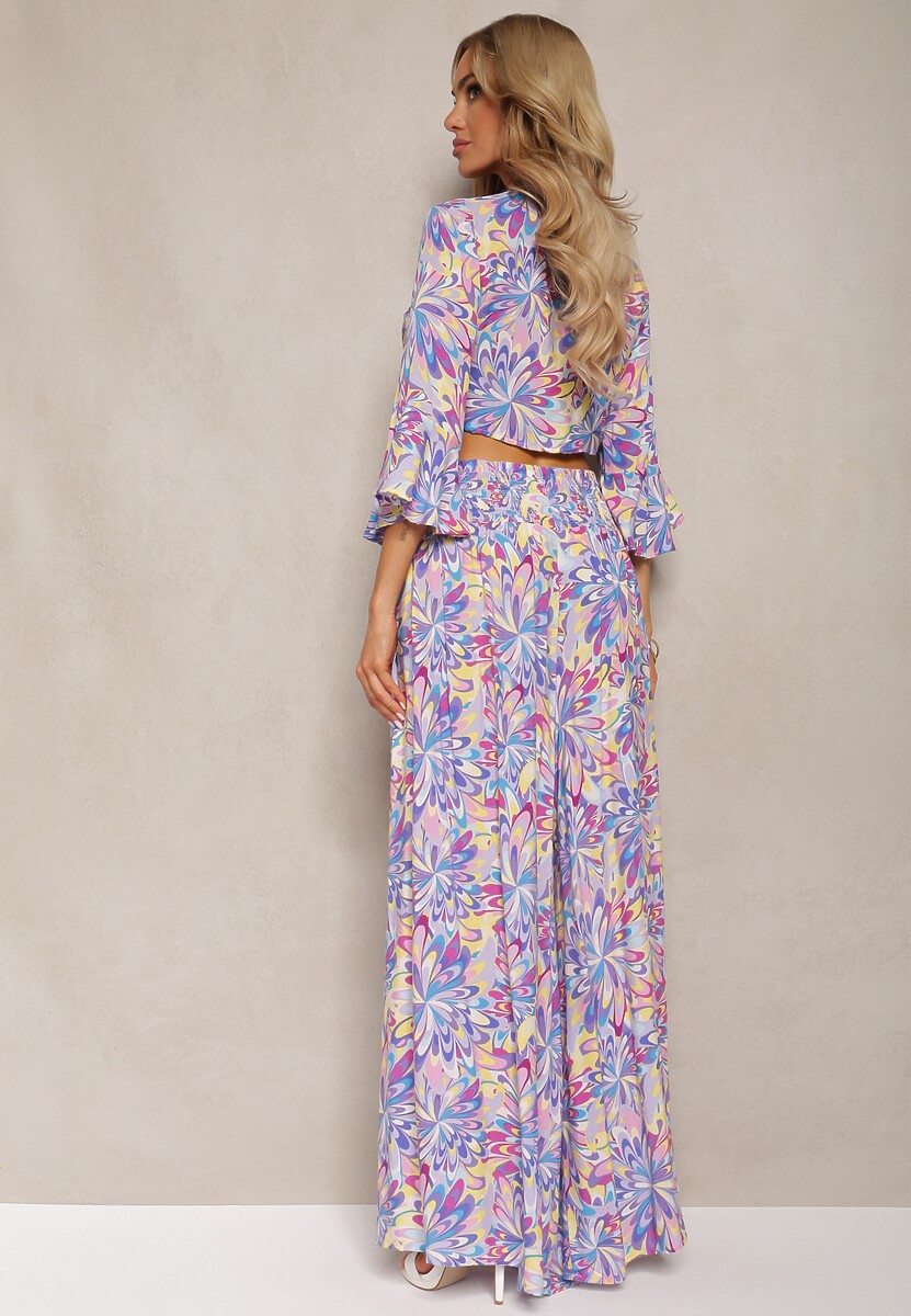 Niebiesko-Fioletowy Komplet z Bawełny Bluzka z Wiązaniem Spodnie Typu Palazzo z Gumką w Talii Ocadia