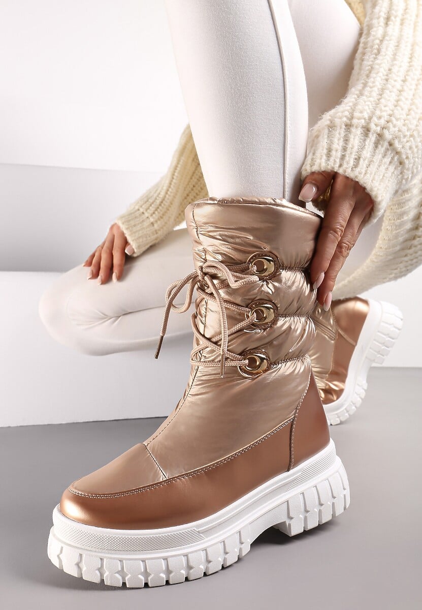 Szampańskie Sznurowane Śniegowce z Ozdobnym Pikowaniem i Połyskiem Birala