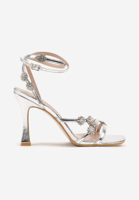 Srebrne Sandały na Szpilce Zdobione Paskami i Cyrkoniowymi Aplikacjami z Kwiatami Hanariel