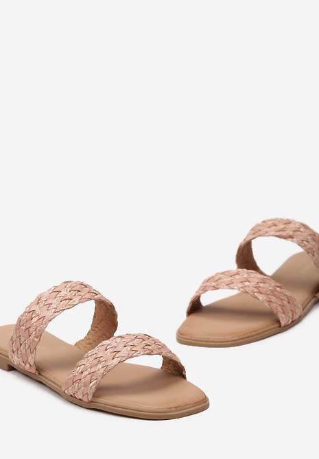 Różowe Klapki na Płaskiej Podeszwie z Dwoma Paskami z Plecionki Nishefa