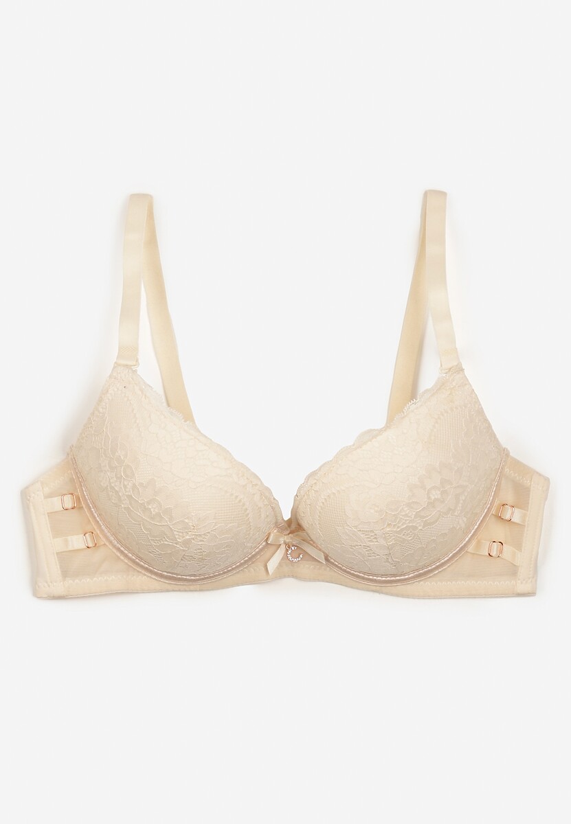 Jasnobeżowy Biustonosz z Regulowanymi Ramiączkami Zapinany na Haftki Ozdobiony Koronką Zloella