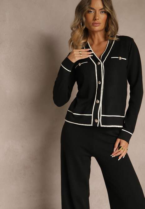 Czarny Komplet z Dzianiny Spodnie Wide Leg i Retro Kardigan Giosila