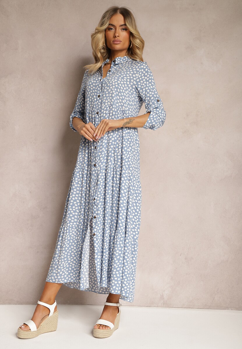 Jasnoniebieska Maxi Sukienka z Bawełny w Kropki o Koszulowym Kroju z Rozkloszowanym Dołem Feriti