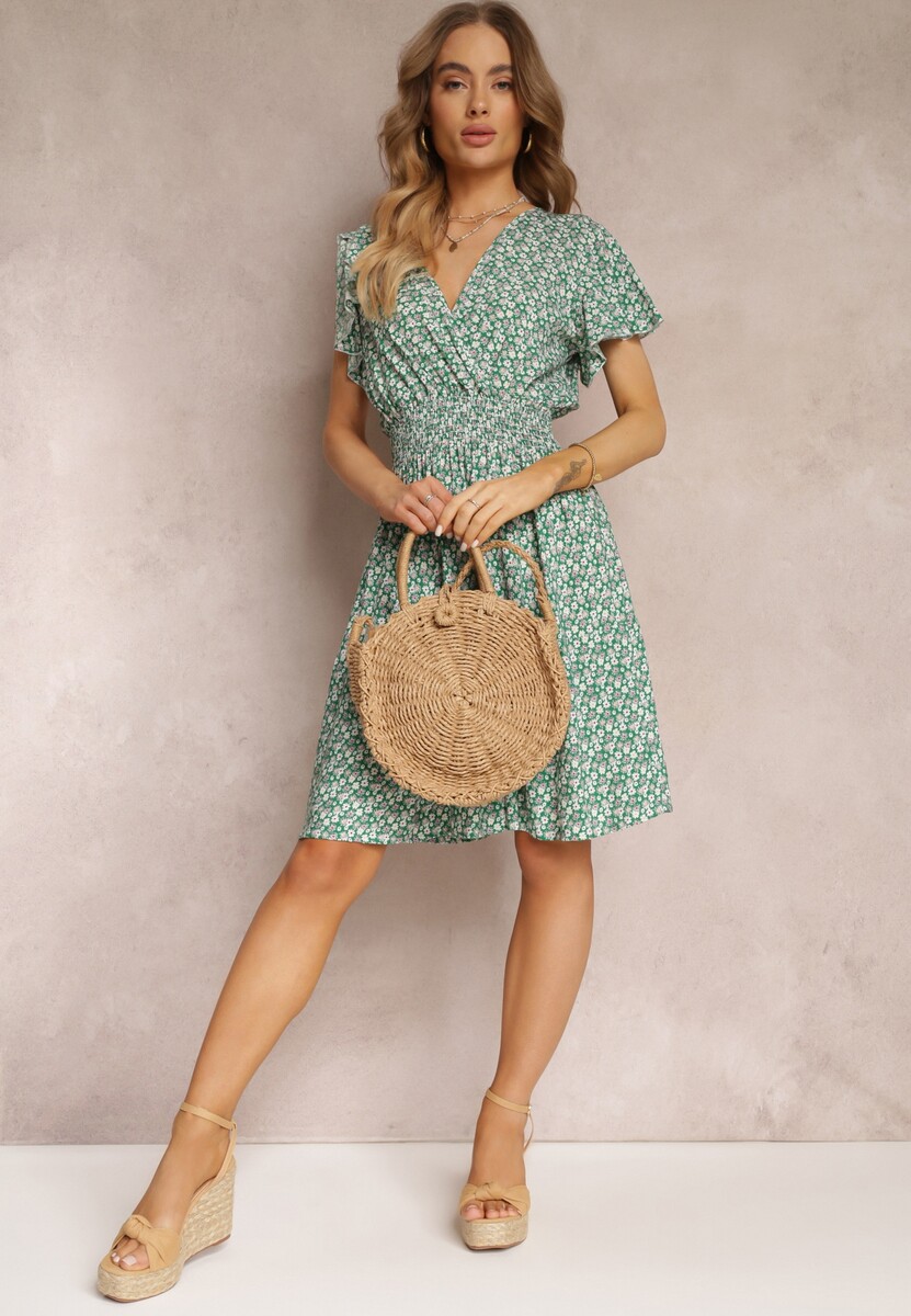 Zielona Sukienka Mini z Gumką w Talii z Wiskozy Jensa