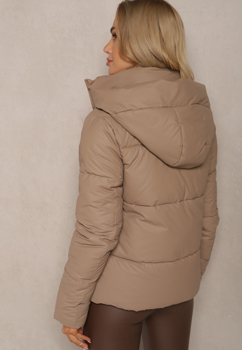 Beżowa Klasyczna Kurtka z Pikowanymi Przeszyciami Kapturem i Kieszeniami Anrinna