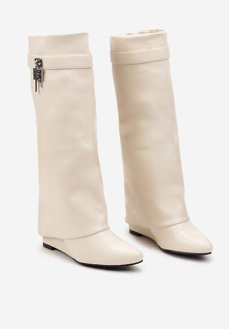 Beżowe Kozaki z Cholewką Imitującą Nogawkę i Koturnem Ericelle