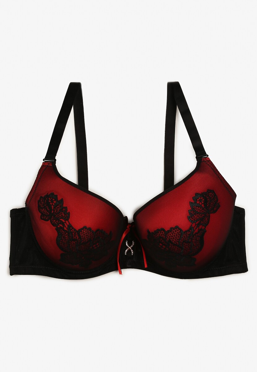 Czarno-Czerwony Biustonosz Ozdobiony Koronką Full Cup Pasecia