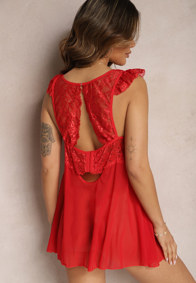 Czerwona Koronkowa Koszula Nocna Mini z Siateczki ze Stringami w Komplecie Tuala