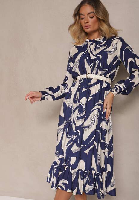 Granatowa Sukienka z Bawełną i Abstrakcyjnym Wzorem Tersedi