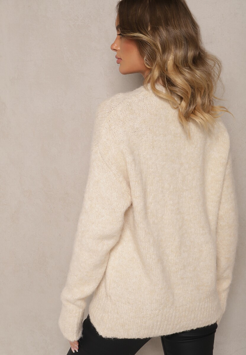 Jasnobeżowy Sweter z Dodatkiem Wełny Ozdobiony Naszywką Truskawką i Napisem Zozizelle