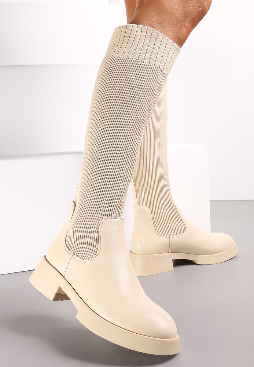 Beżowe Wsuwane Kozaki ze Skarpetkową Cholewką Przed Kolano na Grubej Podeszwie Miraple