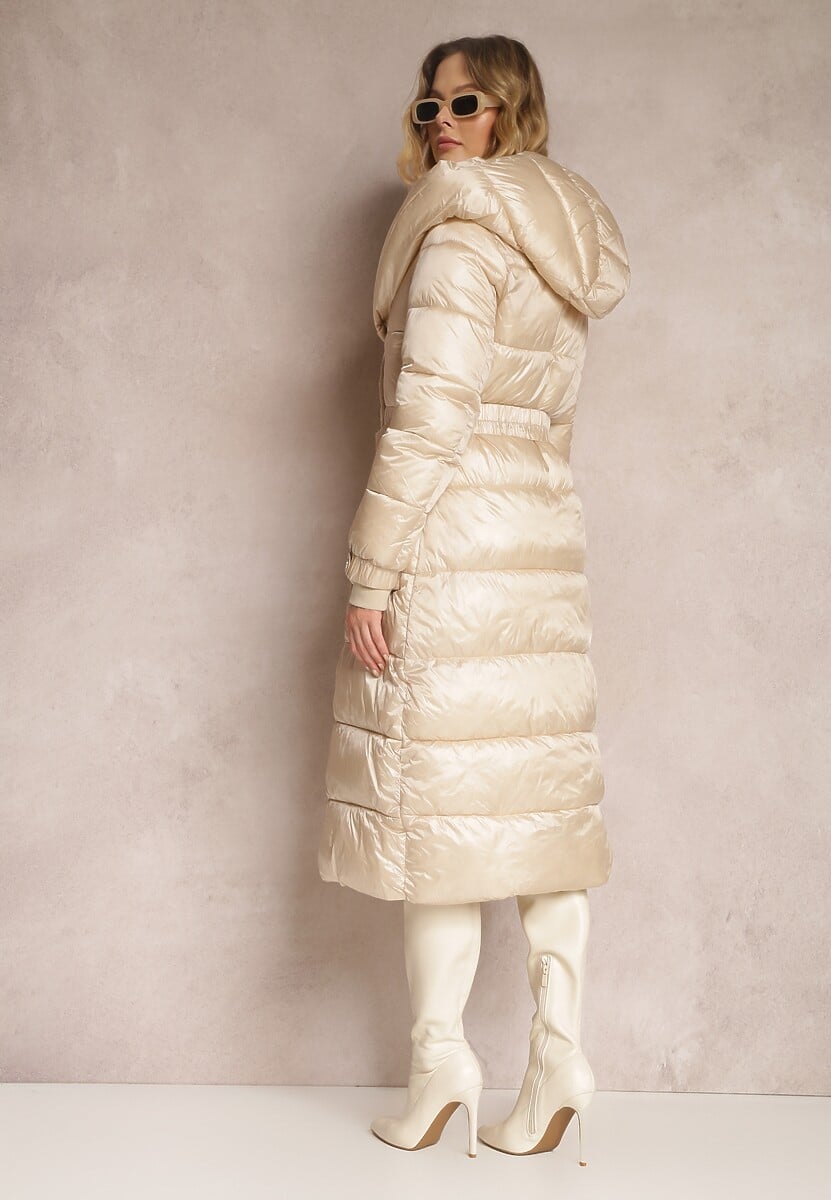 Jasnobeżowa Kurtka Długa z Szerokim Kołnierzem i Paskiem Dzerassa