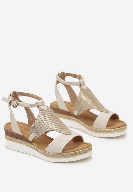 Beżowe Sandały na Niskim Koturnie z Plecionką Bamova