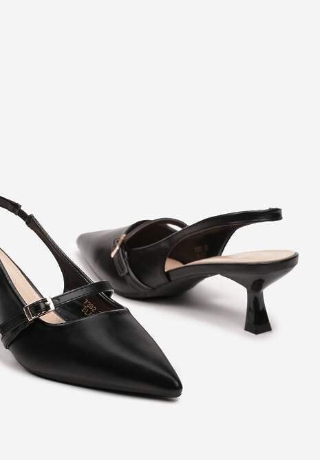 Czarne Sandały z Odkrytą Piętą na Obcasie Kaczuszka Zapinane na Sprzączkę Alluana