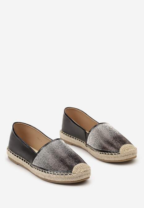 Czarne Płaskie Espadryle z Plecionką i Cyrkoniami Dadessa