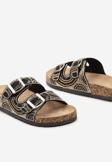 Czarne Klapki na Korkowej Podeszwie Ozdobione Cyrkoniami i Sprzączkami Mikitia