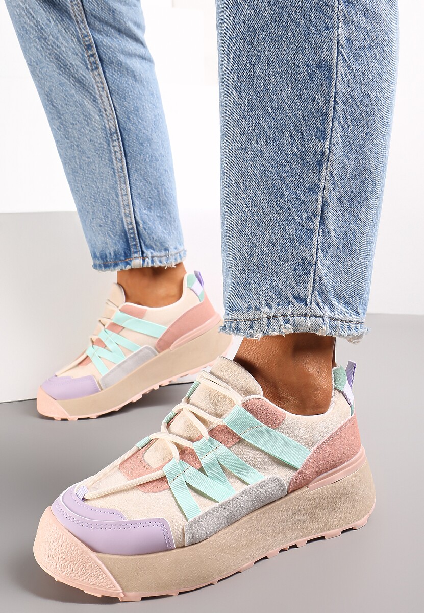 Ciemnobeżowe Sznurowane Płaskie Sneakersy z Kolorowymi Wstawkami z Ekoskóry Wonise