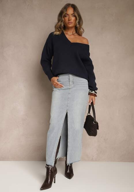 Granatowy Sweter z Kaszmirem i Trójkątnym Dekoltem Plenne