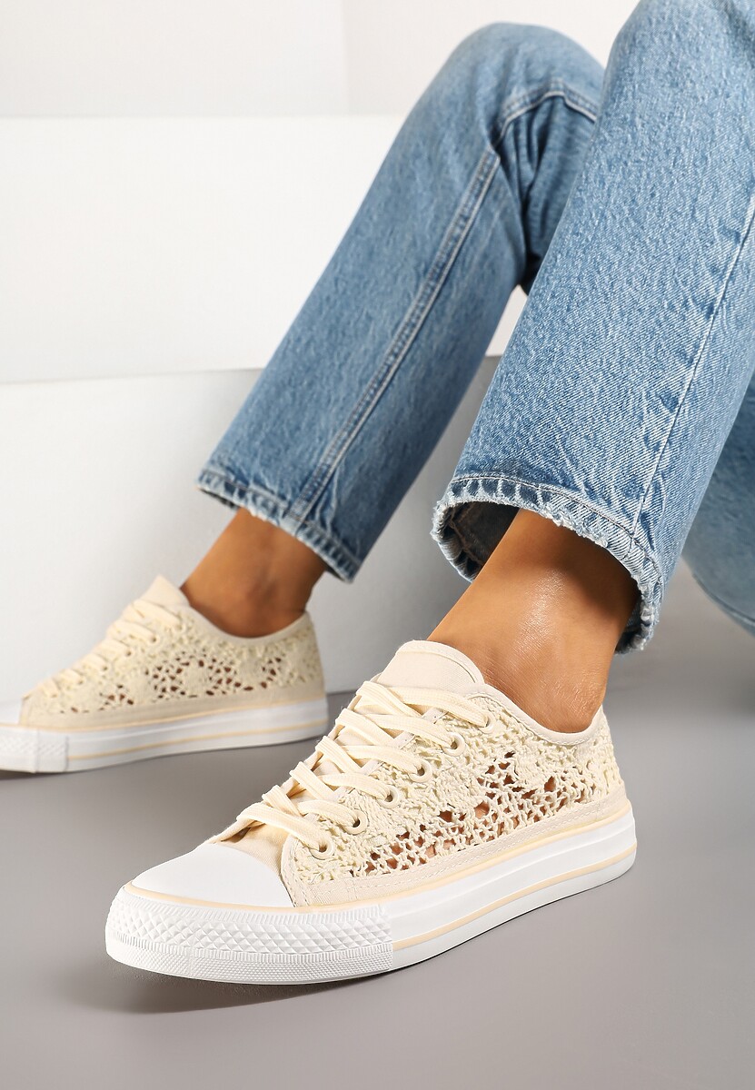 Beżowe Trampki z Krótką Ażurową Cholewką Paerina