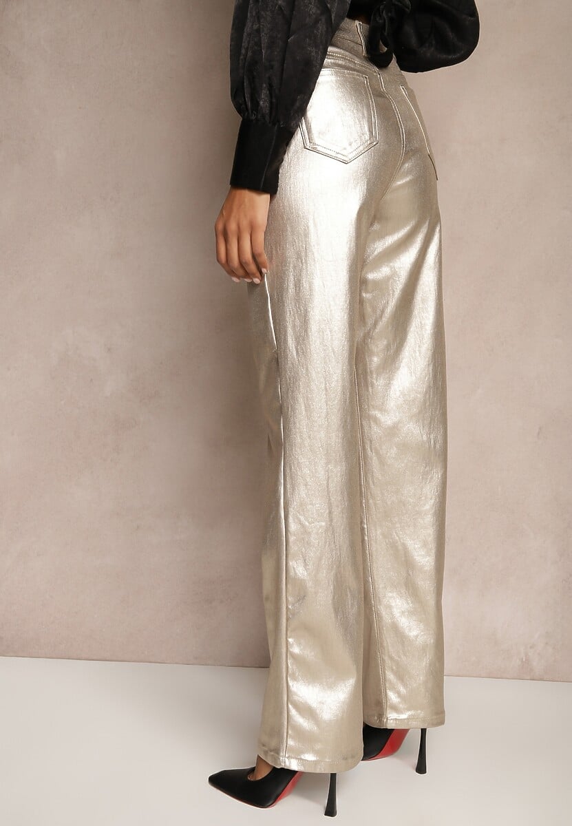 Złote Szerokie Spodnie Metaliczne High Waist z Ekoskóry Tranise