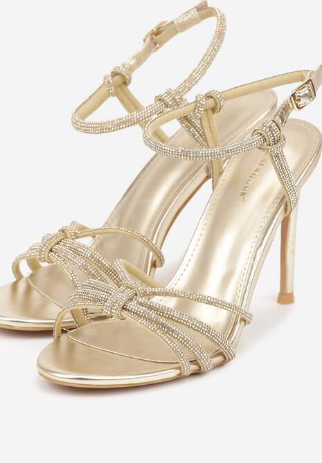Złote Sandały na Szpilce z Przeplatanymi Paskami z Cyrkoniami Lunafera