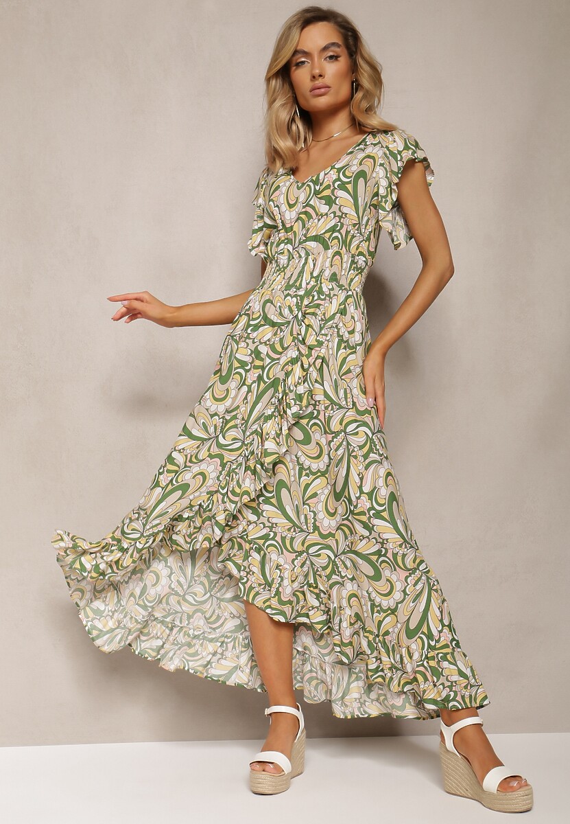 Zielona Sukienka Boho z Gumką w Pasie i Asymetrycznym Dołem z Wiskozy Anorissa