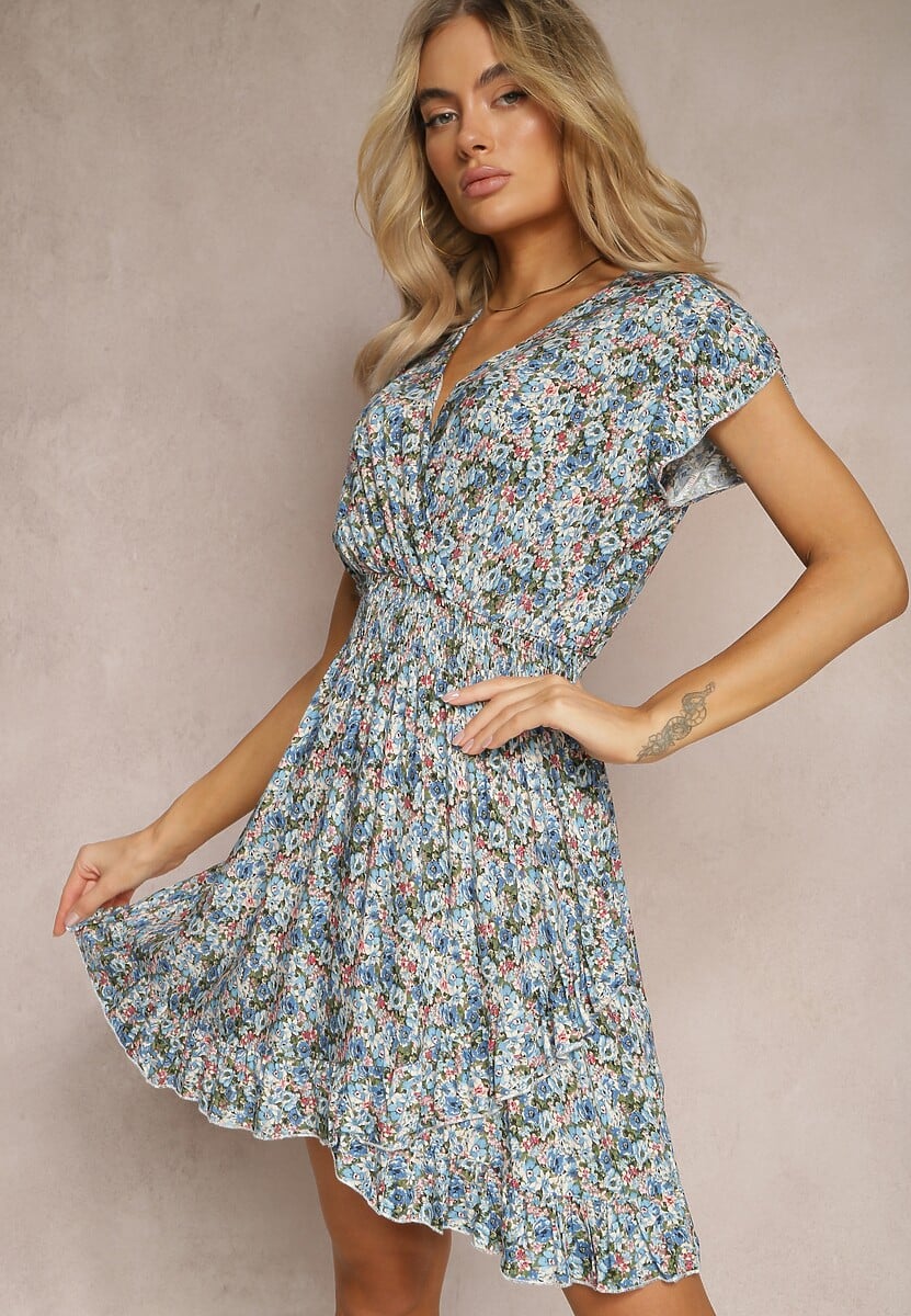 Niebieska Sukienka z Bawełny w Kwiaty z Gumką w Talii Gomalia