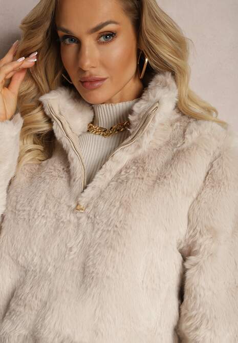 Beżowa Kurtka z Futerka Zapinana na Zamek Craline