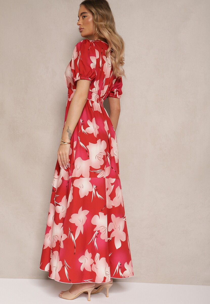 Czerwona Kopertowa Sukienka z Kwiatowym Wzorem i Falbanką Tdivona