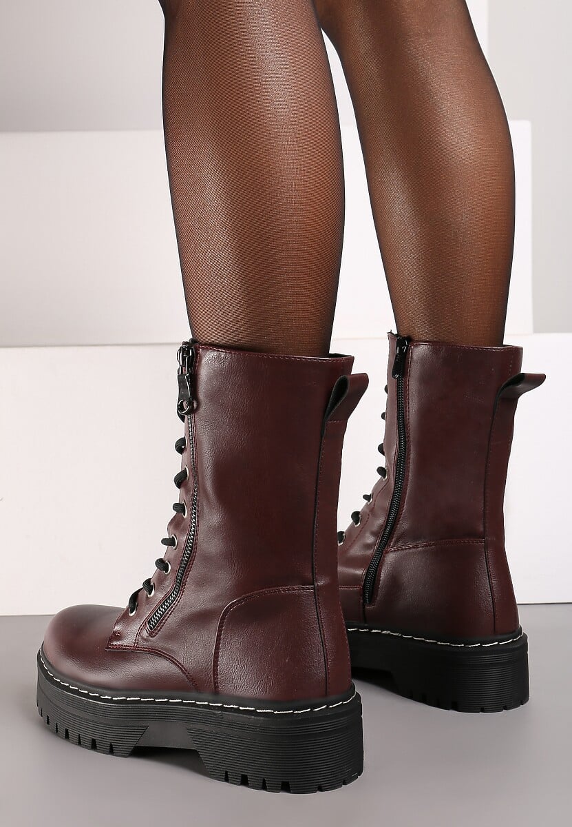 Bordowe Botki Workery na Grubej Podeszwie Ozdobione Dodatkowym Suwakiem Tiriary