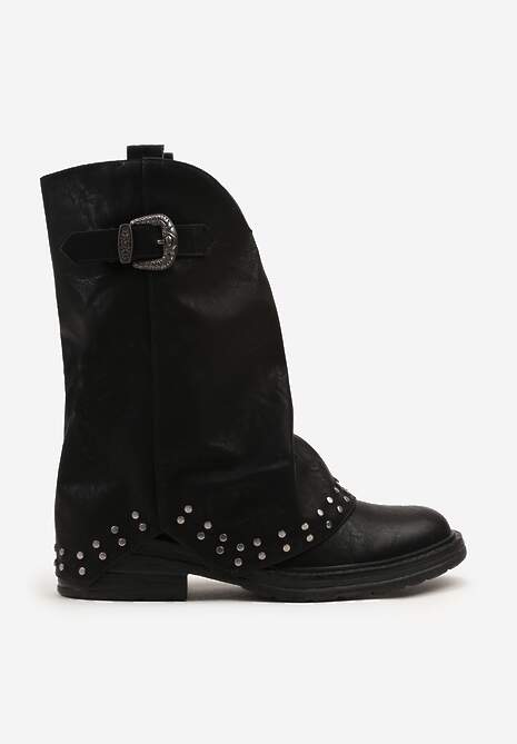 Czarne Botki z Cholewką Imitującą Nogawkę z Nitami i Paskiem ze Sprzączką Riluvena